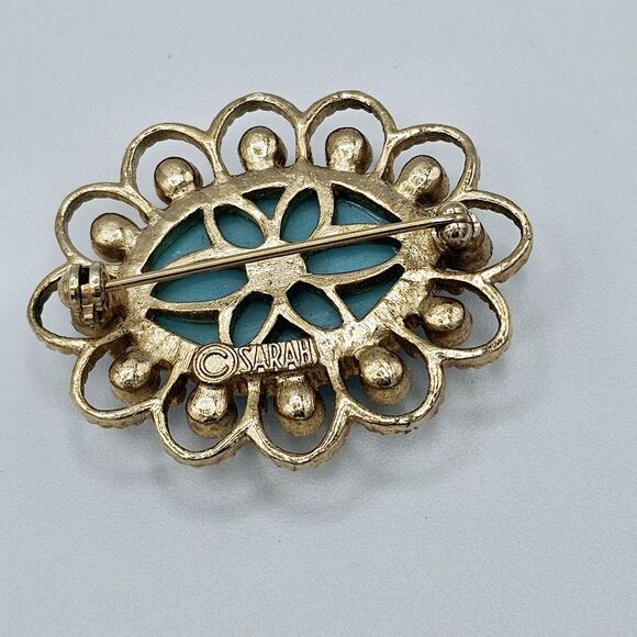 Sarah Coventry Turquoise Brooch Vintage Lucite Cabochon Faux Pearl Estate Pin - Picture 6 of 9
